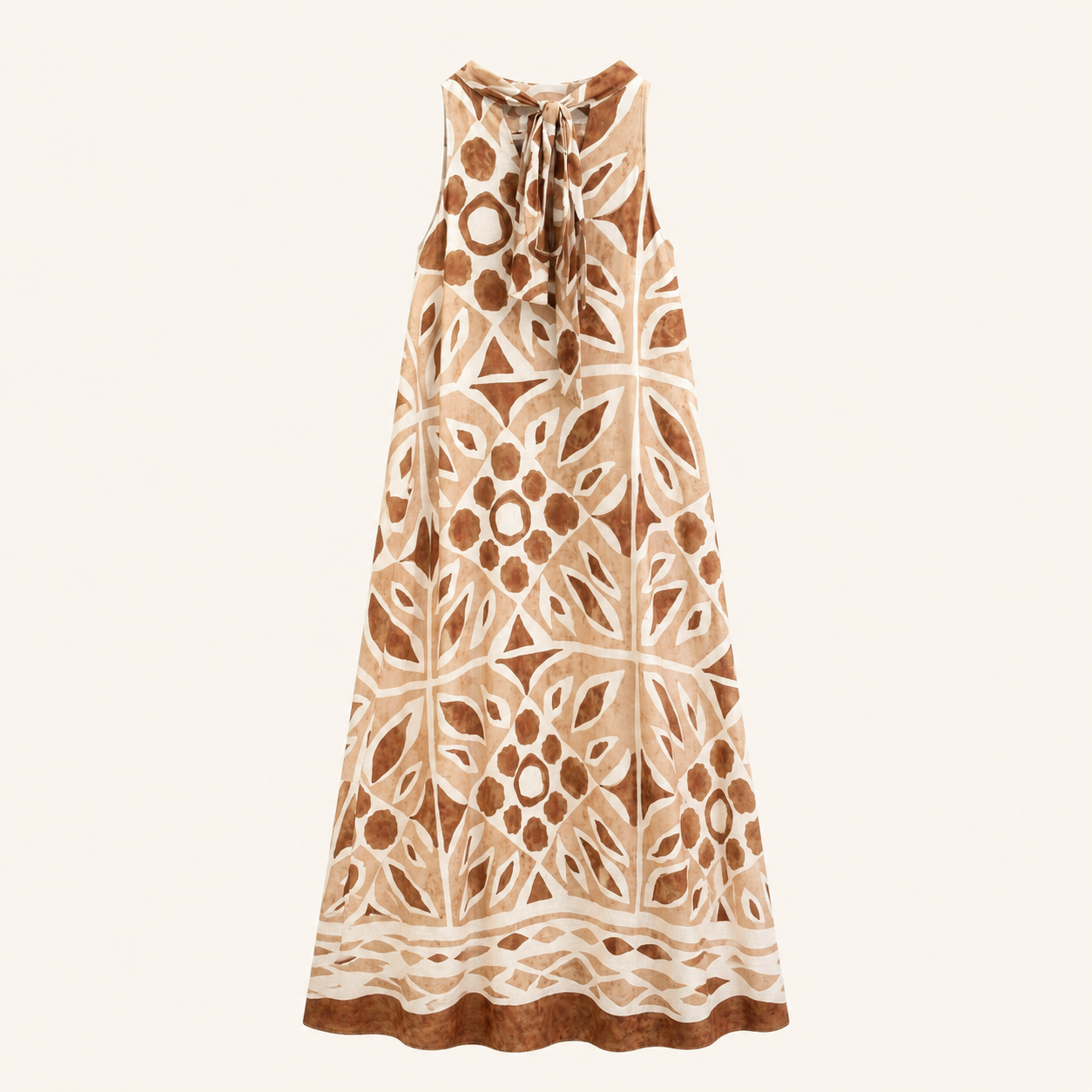 Abito lungo beige e marrone fantasia astratta con scollo halter