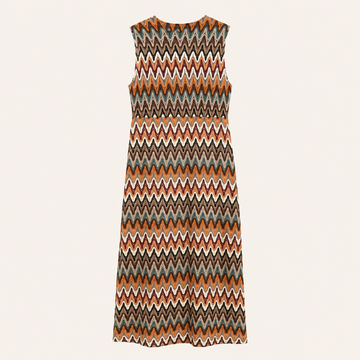 Abito lungo multicolor con fantasia zig zag e scollo a V
