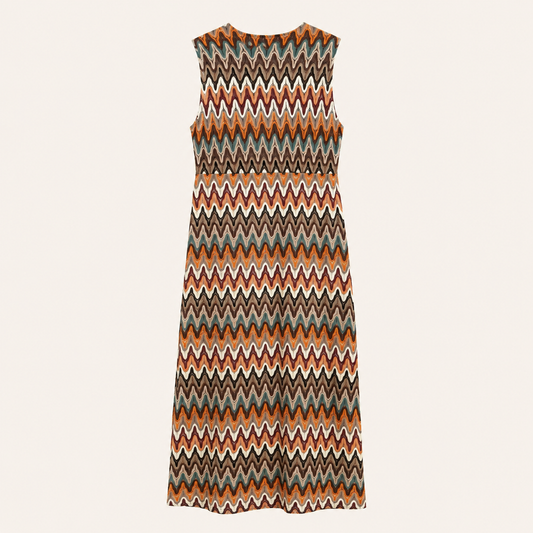 Abito lungo multicolor con fantasia zig zag e scollo a V