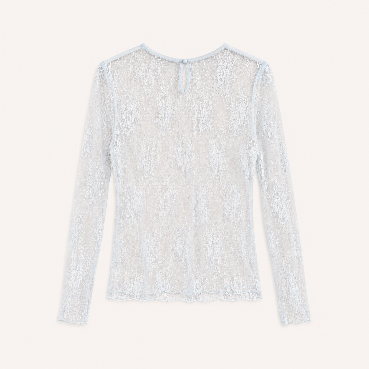 Top azzurro chiaro in pizzo trasparente con maniche lunghe