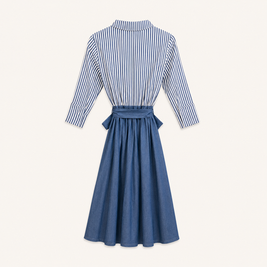 Abito chemisier blu con parte superiore a righe, cintura e gonna effetto denim