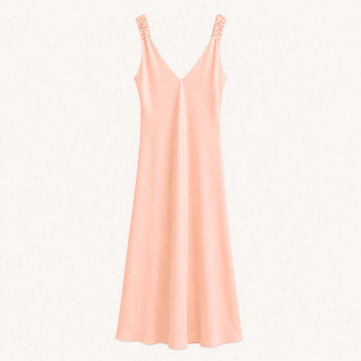 Abito lungo rosa cipria con spalline arricciate e scollo a V