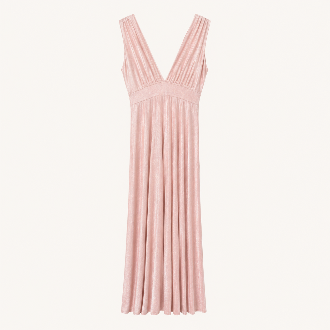 Abito lungo rosa cipria in lurex con scollo a V e corpino arricciato