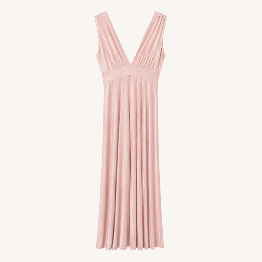 Abito lungo rosa cipria in lurex con scollo a V e corpino arricciato