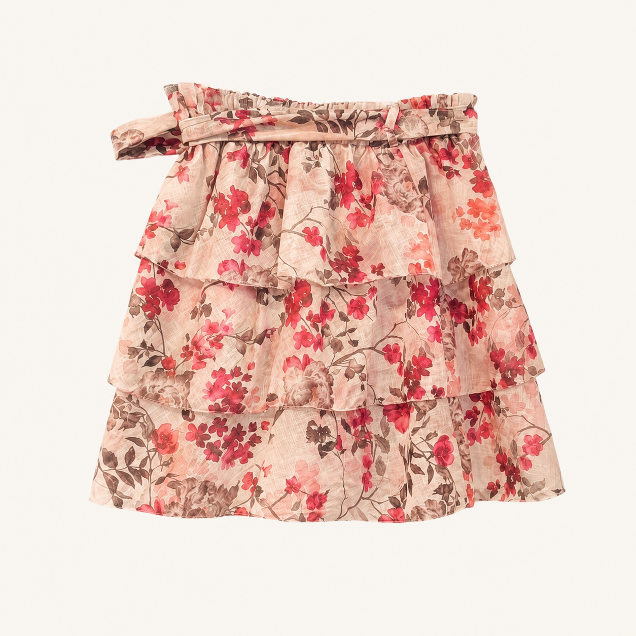 Gonna corta beige fantasia floreale con balze e fiocco in vita