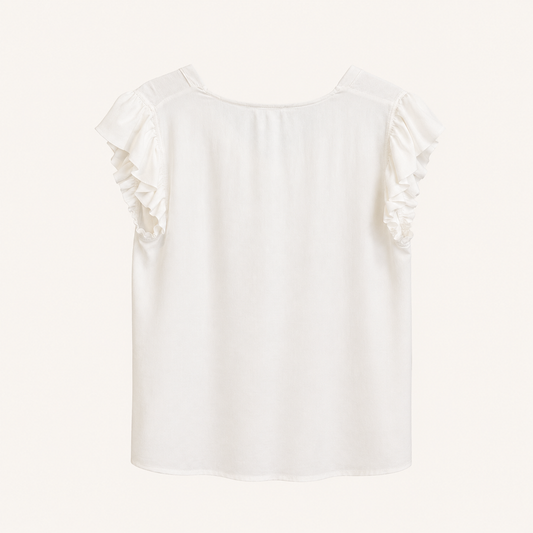 Top bianco panna con scollo a V e maniche a volant