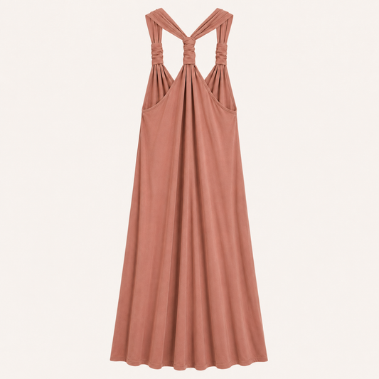 Abito lungo marrone con scollo all’americana e nodo sul retro
