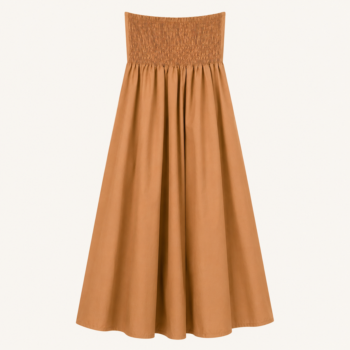 Abito lungo marrone con punto smock e fiore applicato