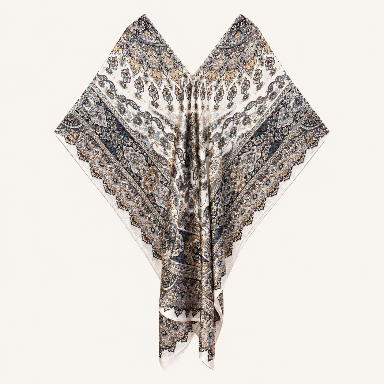 Caftano bianco fantasia paisley con scollo a V