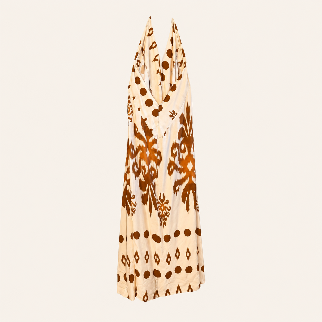 Abito lungo panna fantasia marrone con scollo halter
