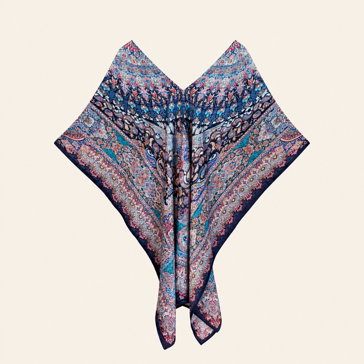 Caftano blu fantasia paisley con scollo a V