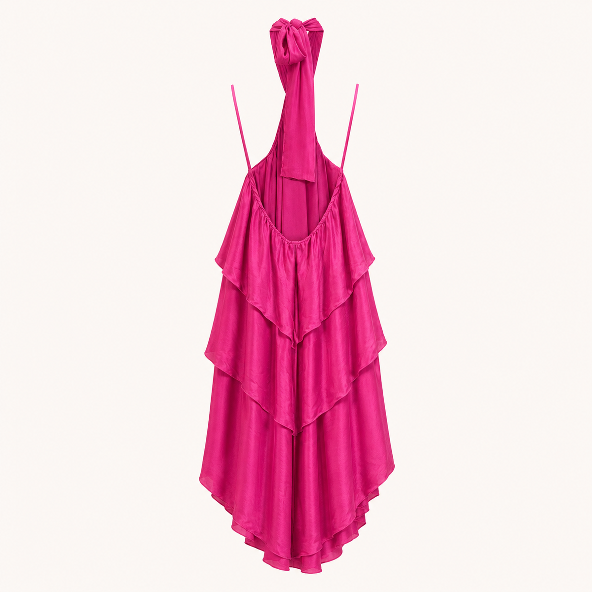 Abito midi fucsia con scollo all’americana e balze