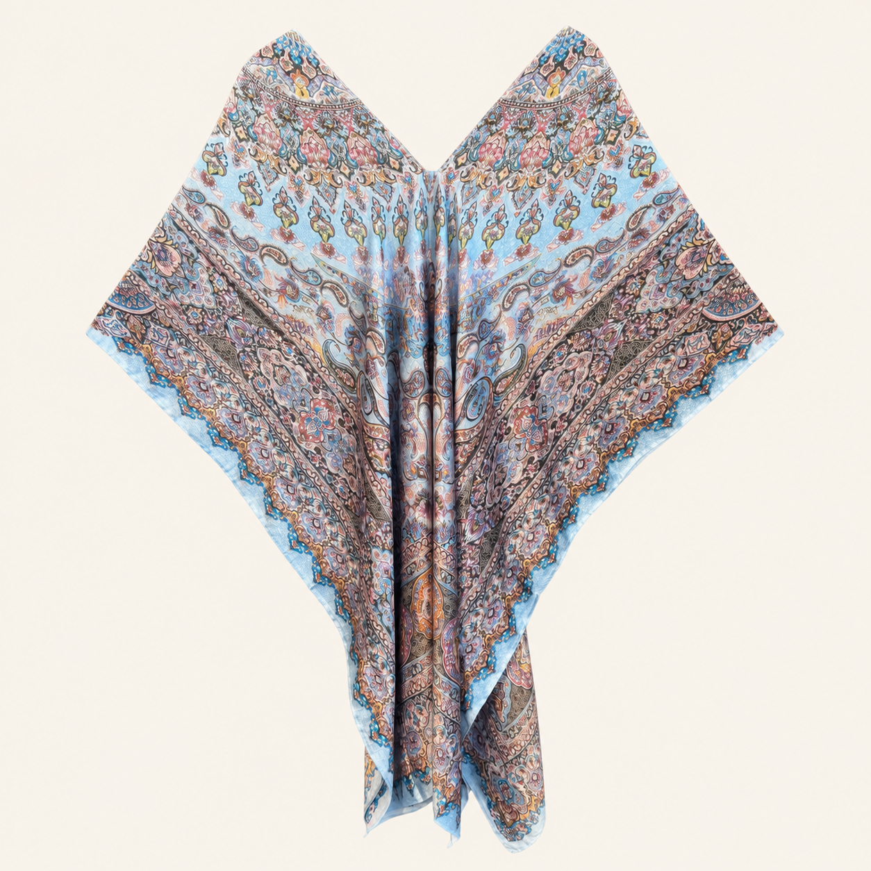 Caftano azzurro fantasia paisley con scollo a V