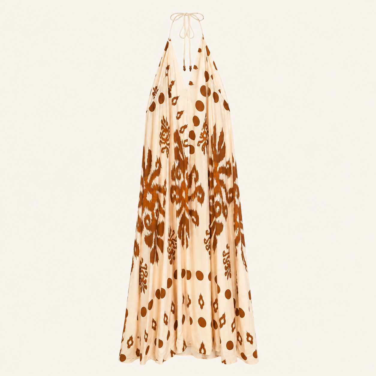 Abito lungo panna fantasia marrone con scollo halter