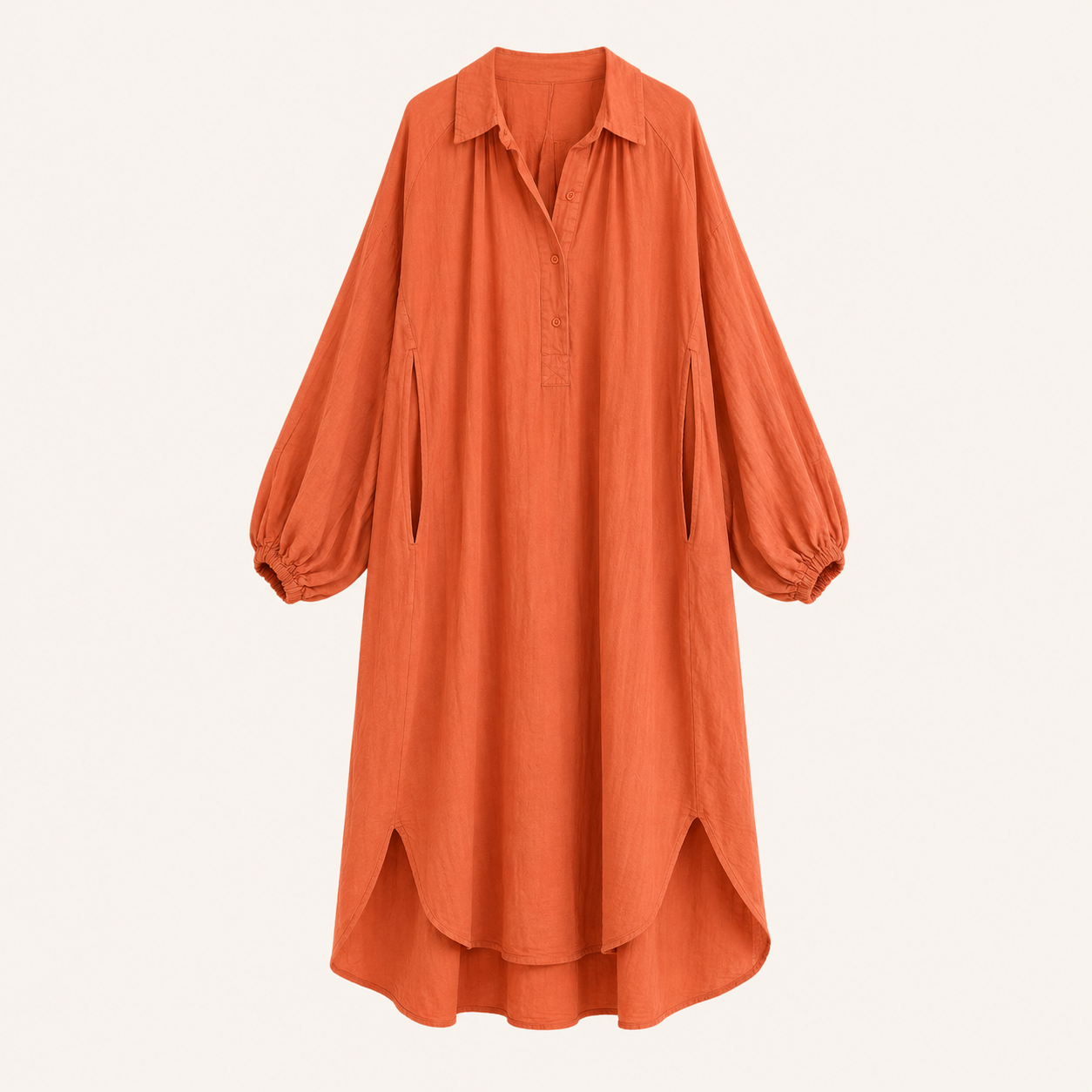 Abito camicia terracotta con maniche a palloncino tasche e bottoni