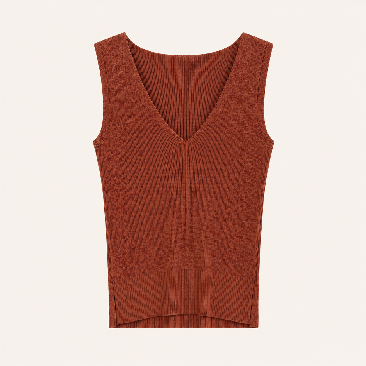 Top in maglia marrone con scollo a V e spalline larghe