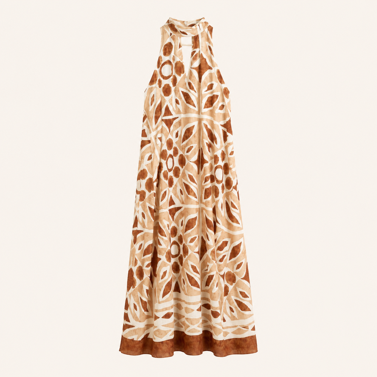 Abito lungo beige e marrone fantasia astratta con scollo halter
