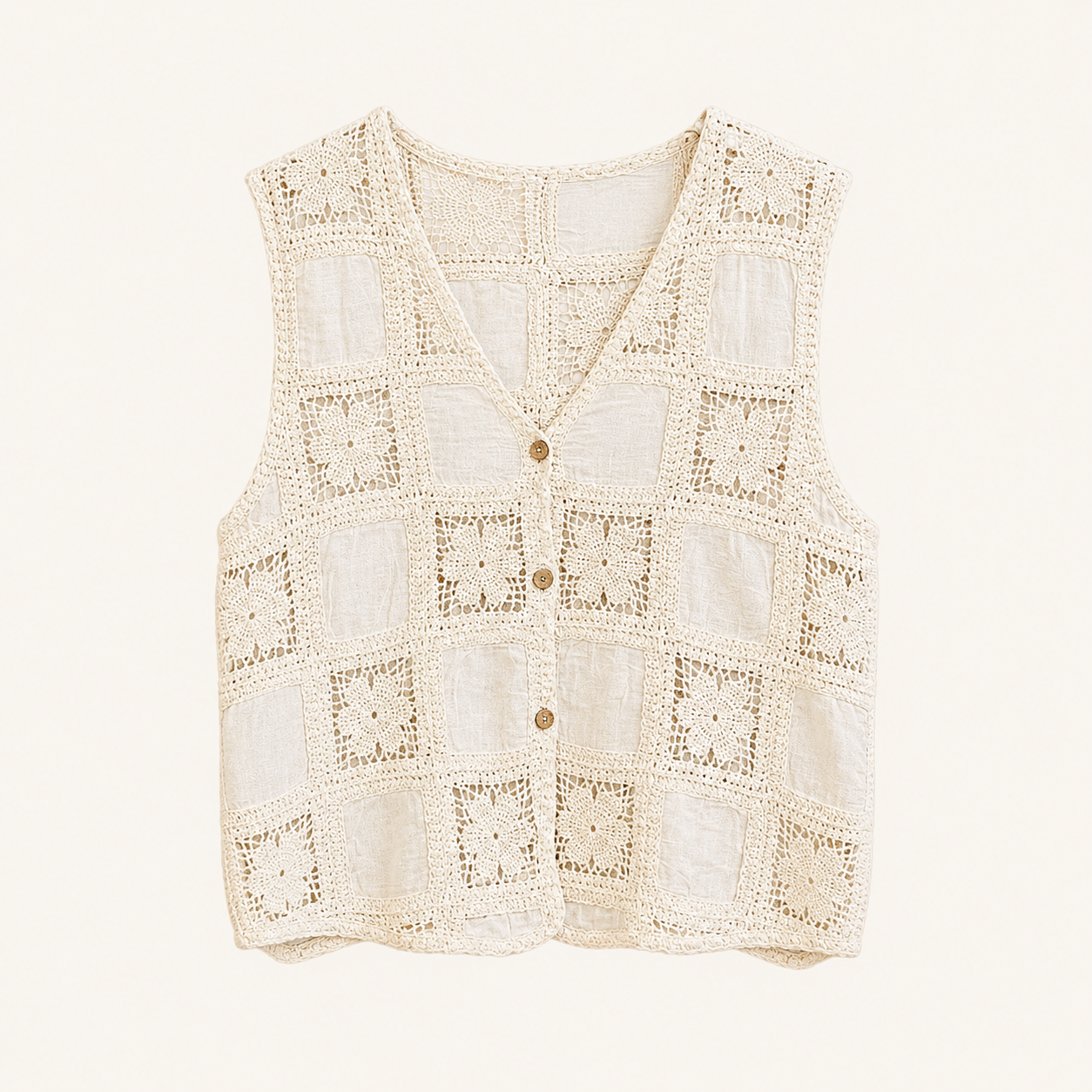 Gilet bianco panna in pizzo crochet con bottoni e scollo a V