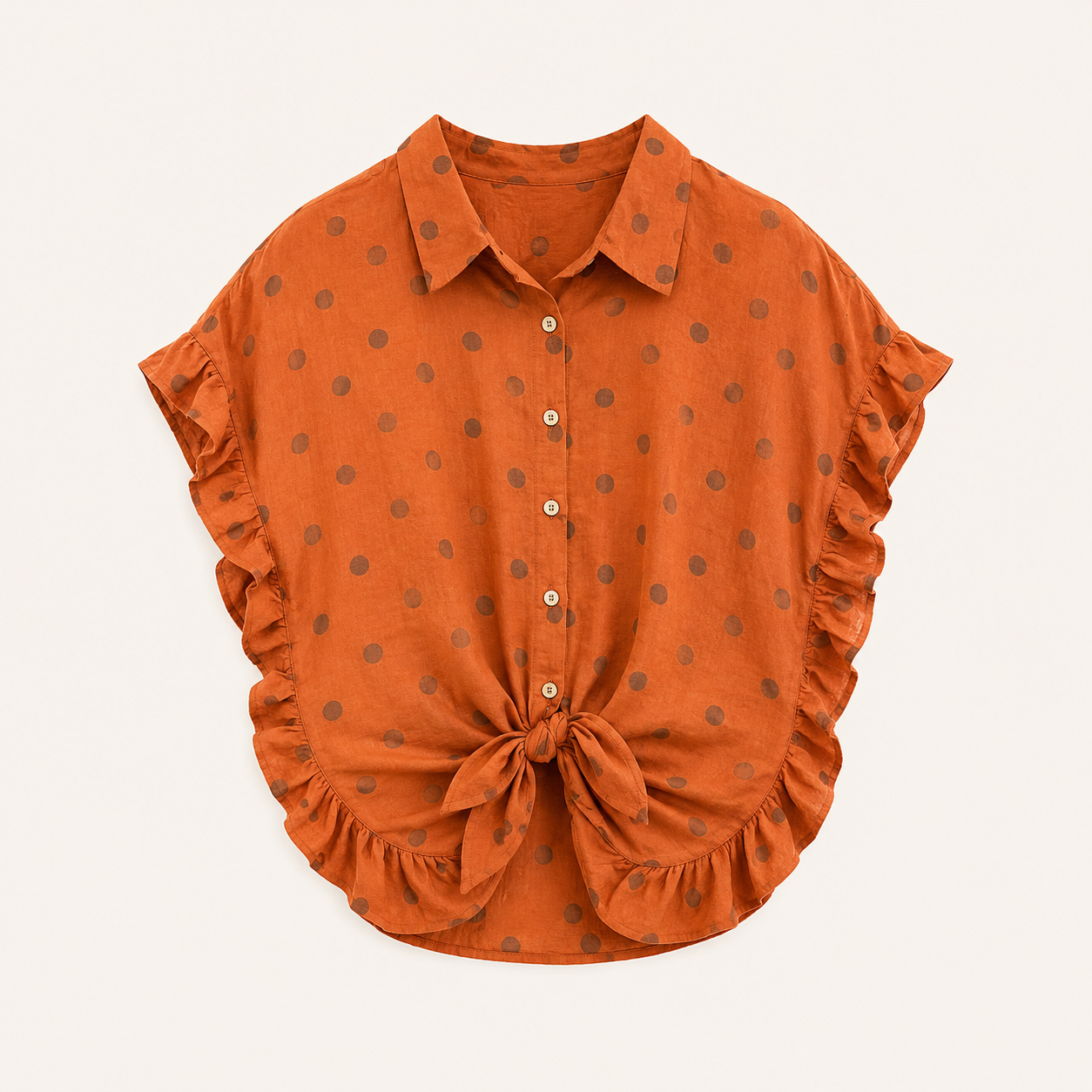 Camicia terracotta a pois con bottoni, nodo e volant sulle maniche