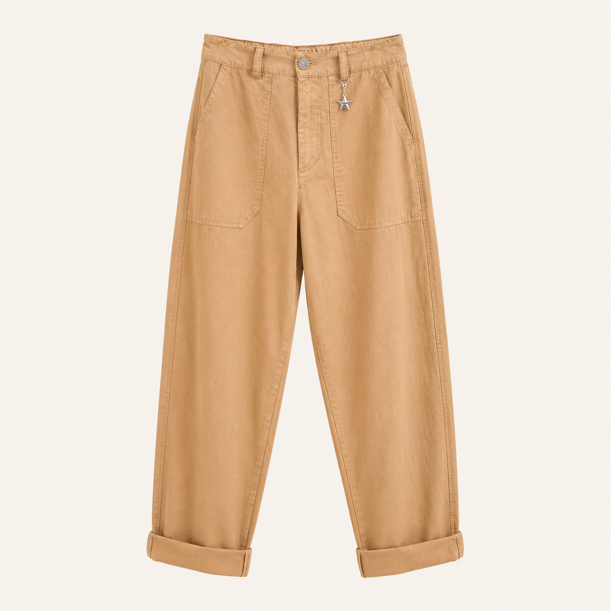 Pantaloni beige a vita alta con tasche frontali e risvolto sul fondo