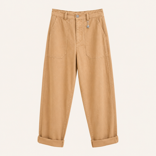 Pantaloni beige a vita alta con tasche frontali e risvolto sul fondo