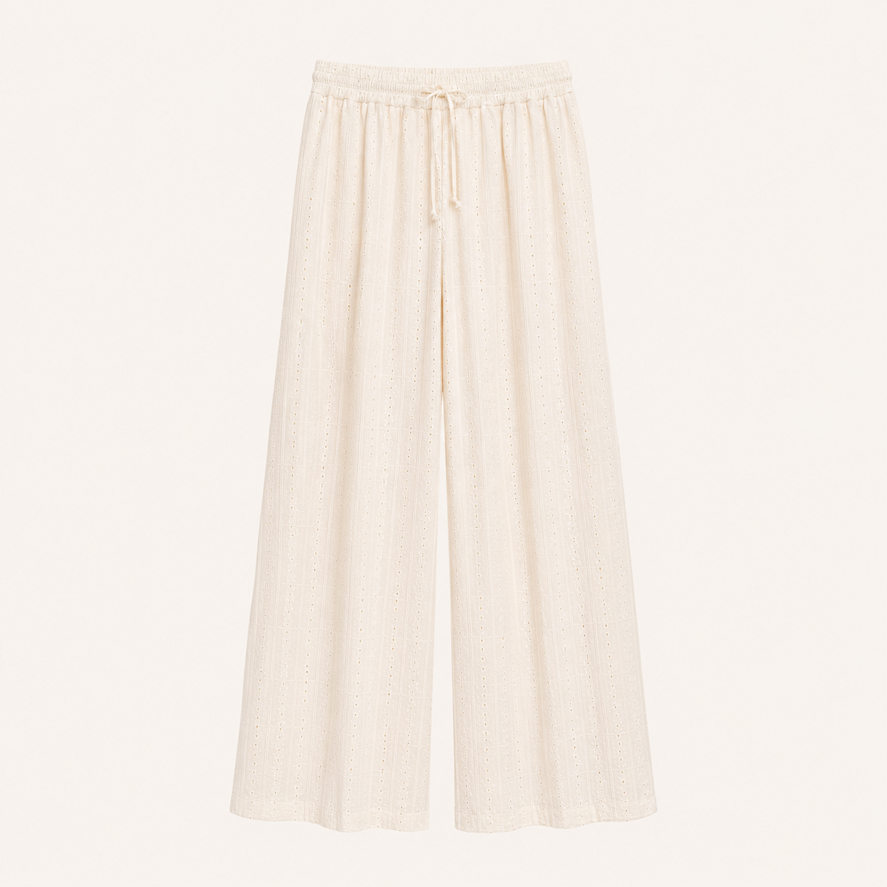 Pantaloni palazzo bianco panna con ricamo sangallo e coulisse in vita