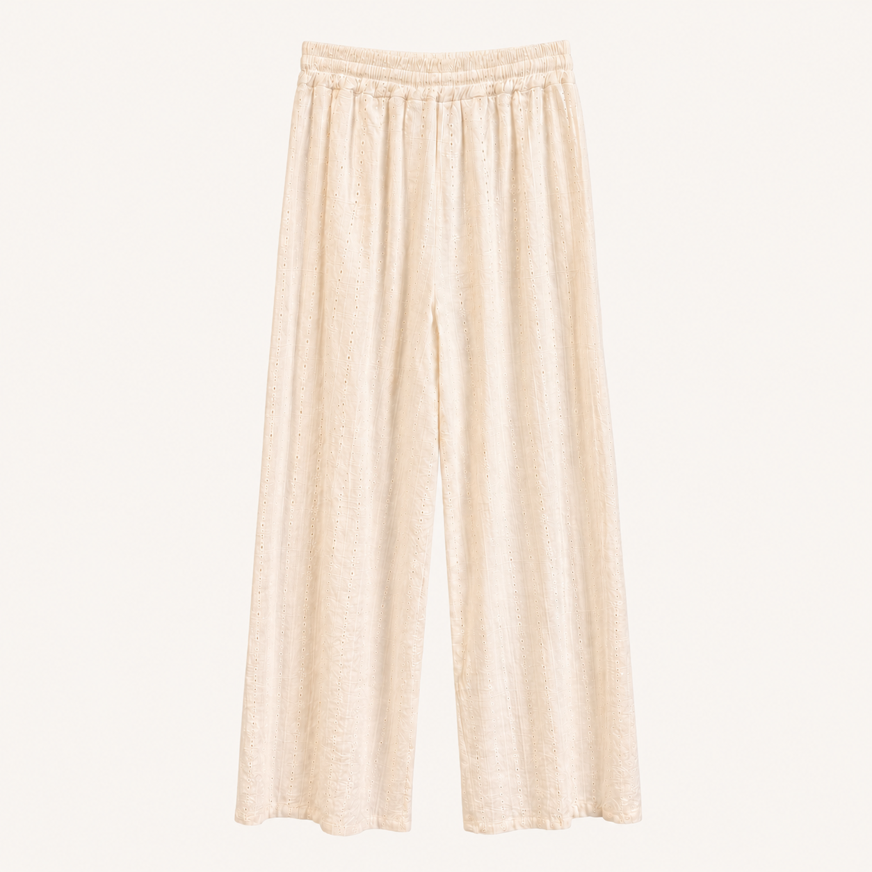 Pantaloni palazzo bianco panna con ricamo sangallo e coulisse in vita