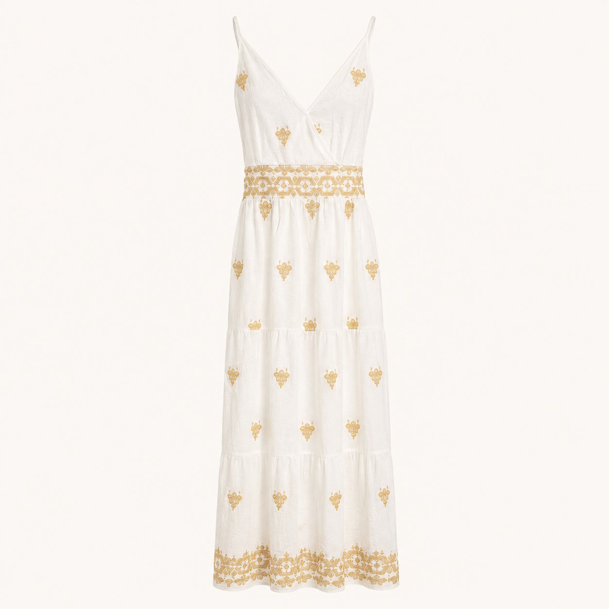 Abito lungo bianco panna con ricami beige, corpino arricciato e balze