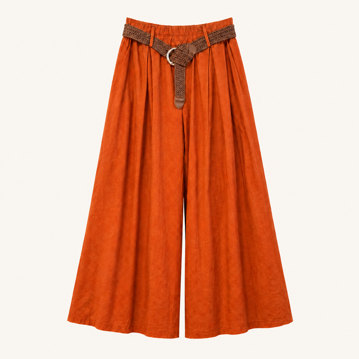 Pantaloni palazzo color ruggine con cintura intrecciata e vita arricciata