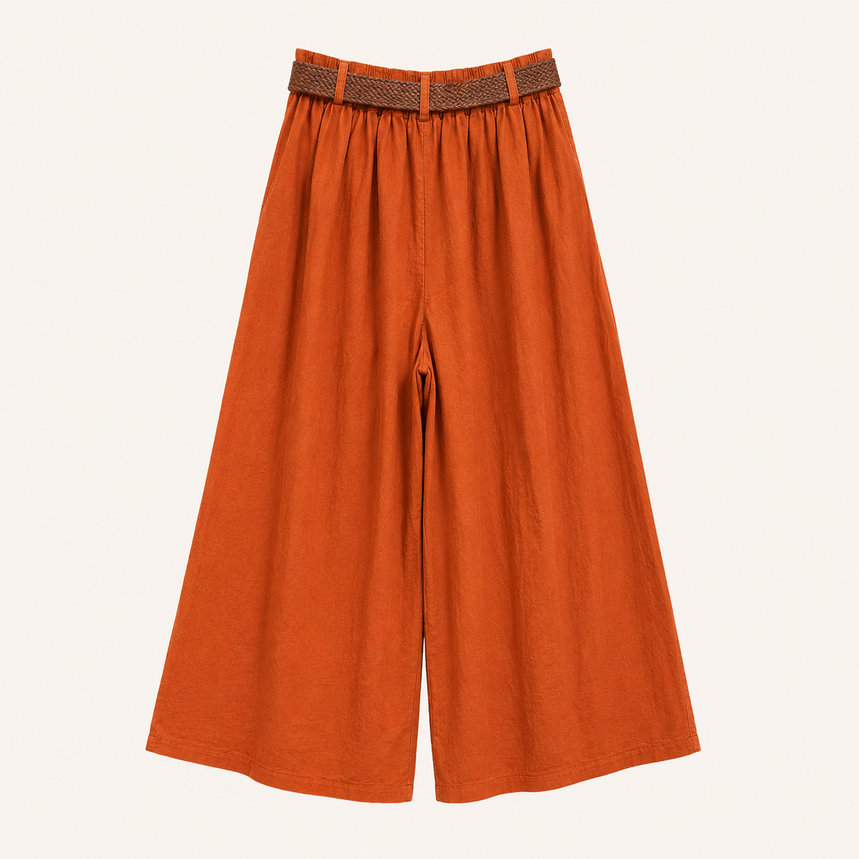 Pantaloni palazzo color ruggine con cintura intrecciata e vita arricciata