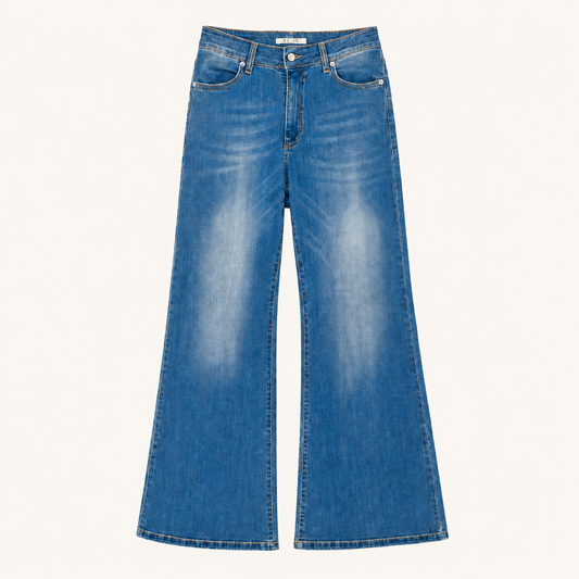 Jeans palazzo blu denim a vita alta con gamba ampia