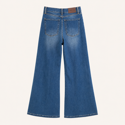 Jeans palazzo blu denim a vita alta con gamba ampia