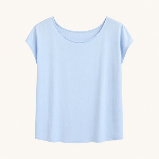 Top azzurro chiaro con maniche corte e scollo tondo