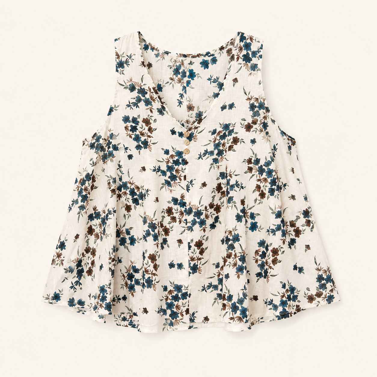 Top bianco panna fantasia floreale blu con bottoni e scollo a V