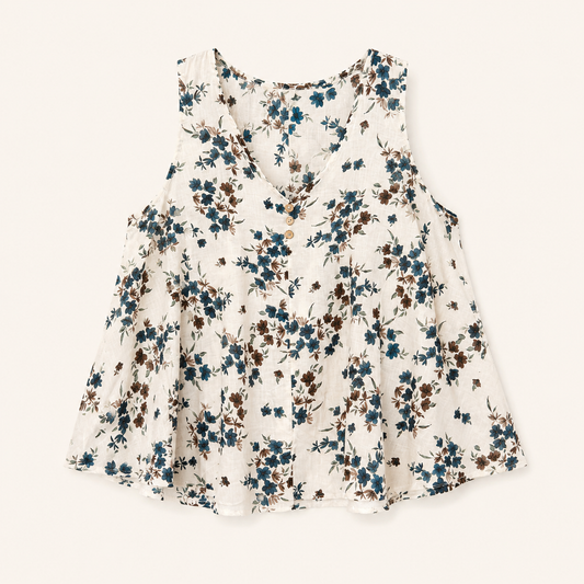 Top bianco panna fantasia floreale blu con bottoni e scollo a V