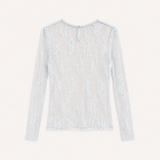 Top azzurro chiaro in pizzo trasparente con maniche lunghe