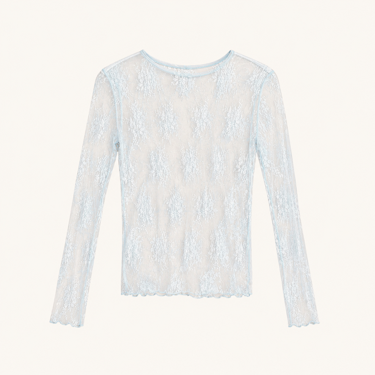 Top azzurro chiaro in pizzo trasparente con maniche lunghe