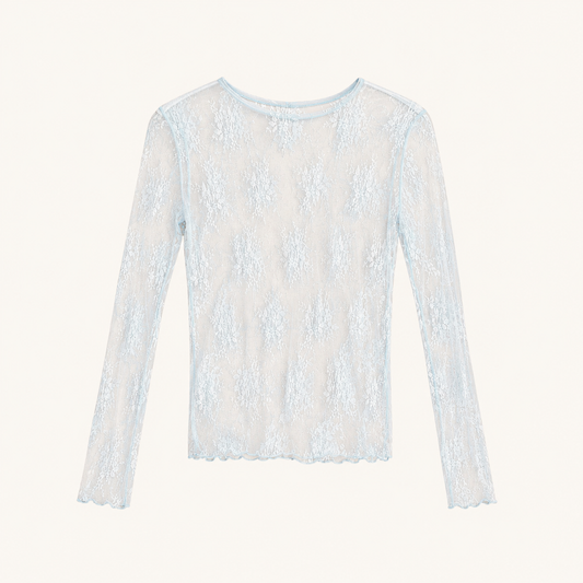 Top azzurro chiaro in pizzo trasparente con maniche lunghe