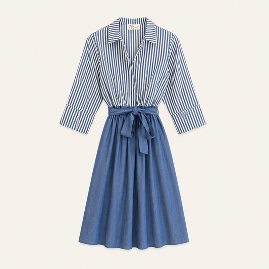 Abito chemisier blu con parte superiore a righe, cintura e gonna effetto denim