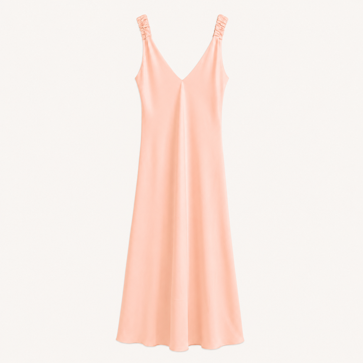 Abito lungo rosa cipria con spalline arricciate e scollo a V
