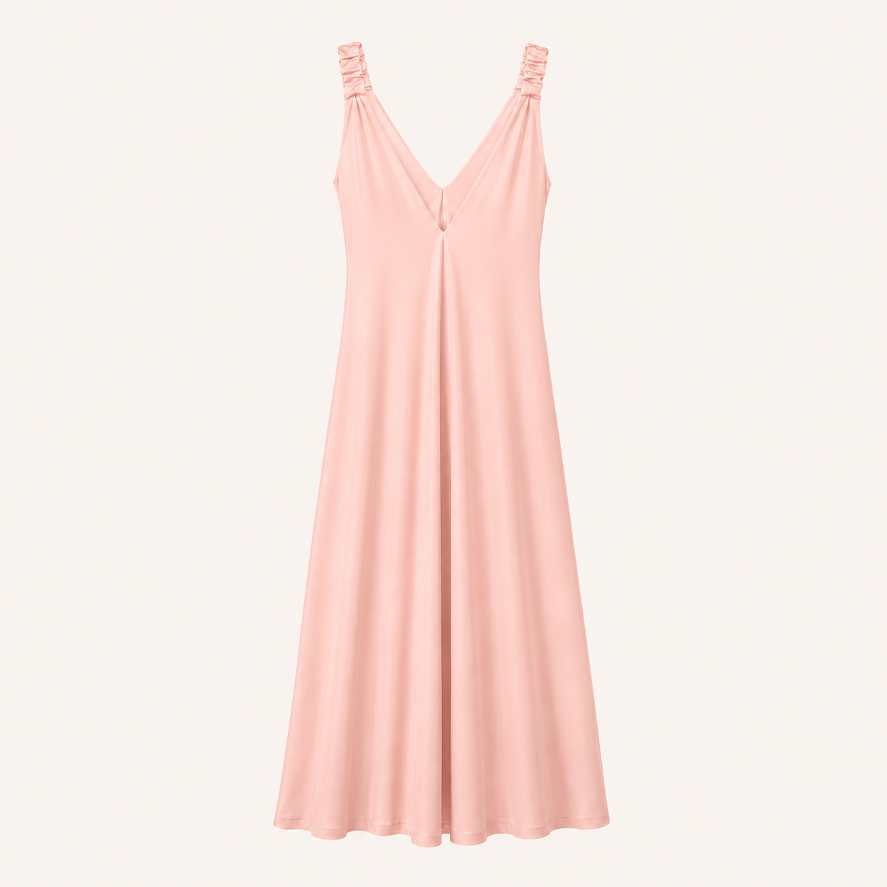 Abito lungo rosa cipria con spalline arricciate e scollo a V