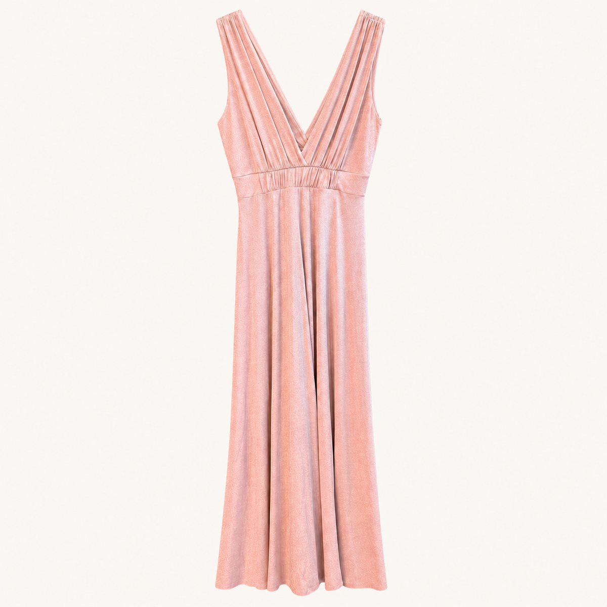 Abito lungo rosa cipria in lurex con scollo a V e corpino arricciato