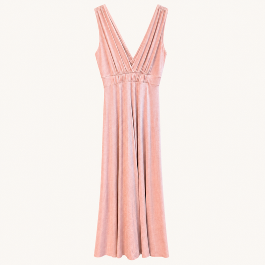 Abito lungo rosa cipria in lurex con scollo a V e corpino arricciato