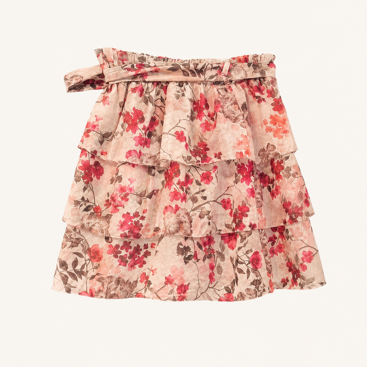 Gonna corta beige fantasia floreale con balze e fiocco in vita