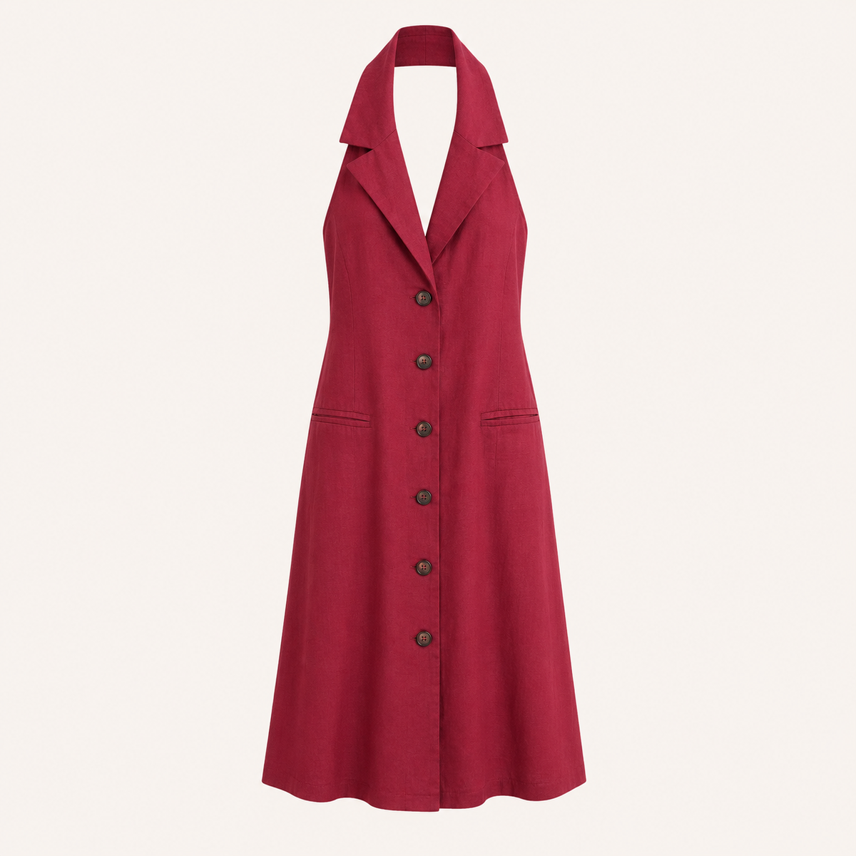 Abito bordeaux con scollo all’americana, bottoni e cinturina sul retro