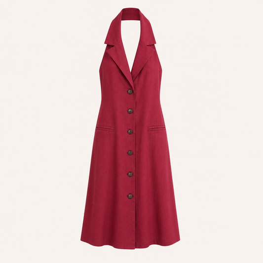 Abito bordeaux con scollo all’americana, bottoni e cinturina sul retro