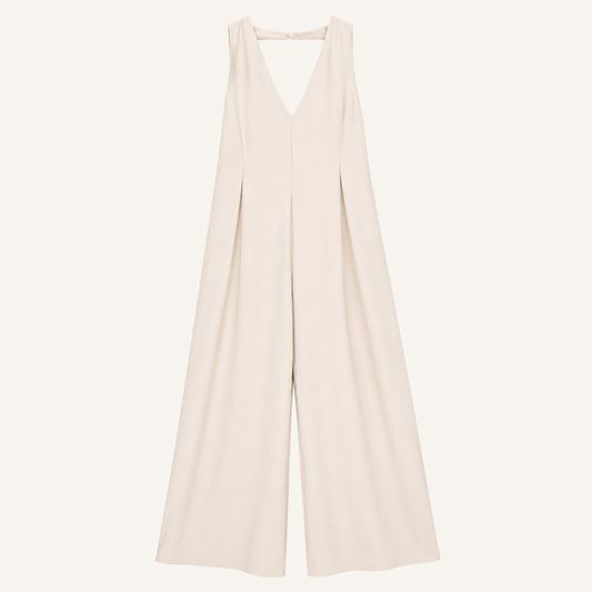 Tuta champagne con scollo a V e pantalone palazzo