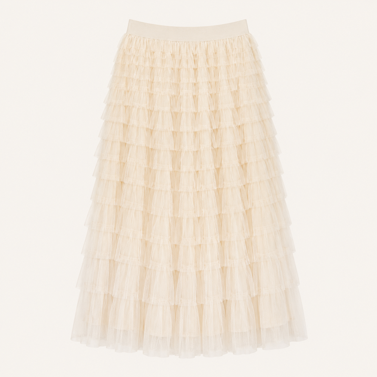 Gonna lunga bianco panna in tulle con volant