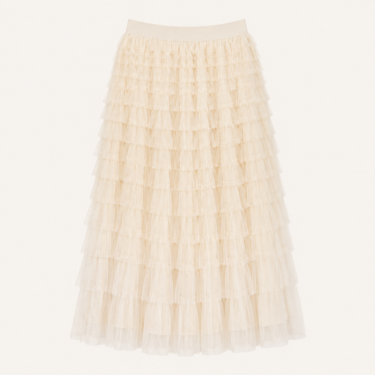 Gonna lunga bianco panna in tulle con volant