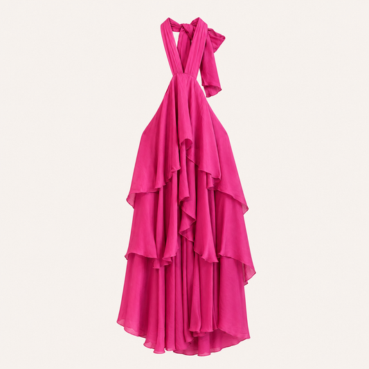 Abito midi fucsia con scollo all’americana e balze